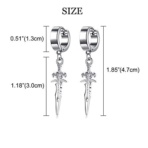 Unisex Punk Hip Hop Stainless Steel Silver Black Gold Tone Lock Thunder Lightning Bolt Dangle Huggie Hoop Earrings Gift for Women Men Boy Teens - color: Silver-Cross Sword