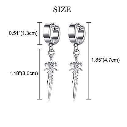 Unisex Punk Hip Hop Stainless Steel Silver Black Gold Tone Lock Thunder Lightning Bolt Dangle Huggie Hoop Earrings Gift for Women Men Boy Teens - color: Silver-Cross Sword