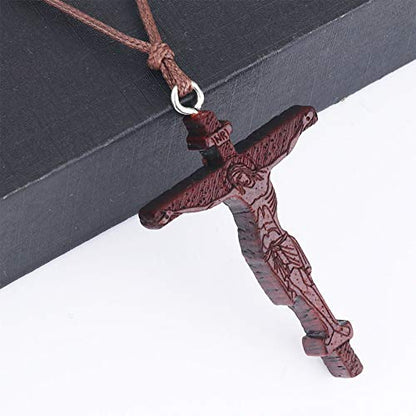 COTTVOTT Wood Orthodox Cross Pendant Necklace Christian Crucifix Necklace Prayer Jesus for Women Men - style: G-Red Color