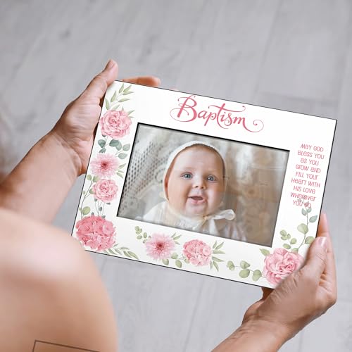 KATE POSH Baptism Picture Frame for Girl, Pink Flowers Decor, Christening, Religisous Gift, From Godparents, New Baby (5x7-Horizontal) - size: 5x7-Horizontal