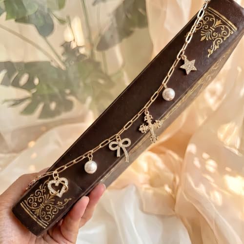 Bible Charm Chain Accessories - Christian Cross Gift Scripture Faith Inspirational Cute Pearl Gold Metal Bookmark Jewelry Religious Decor Supplies for Study Reading Women Girls Birthday - color: Pearl