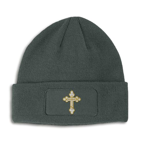Custom Patch Beanie Gold Outline Orthodox Cross Faith Jesus God Skull Cap Hats for Men & Women One Size - color: Dark Grey Design Only