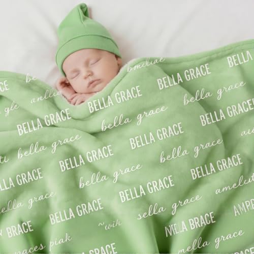 Ships Next Day, Personalized Baby Blanket with Name - Custom Newborn Hospital Swaddle Blanket, Super Soft Plush Flannel Baby Gift for Birth Announcement Shower Easter Gifts for Toddler Kids - color: Light Green