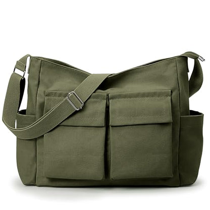 KALIDI Canvas Tote Bag Zipper Large Crossbody Shoulder Bag Messenger Bag - color: Upgraded Army Green