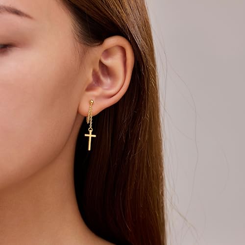 925 Sterling Silver CZ Moon Cross Heart Teardrop Chain Earrings for Women - color: Cross-Gold