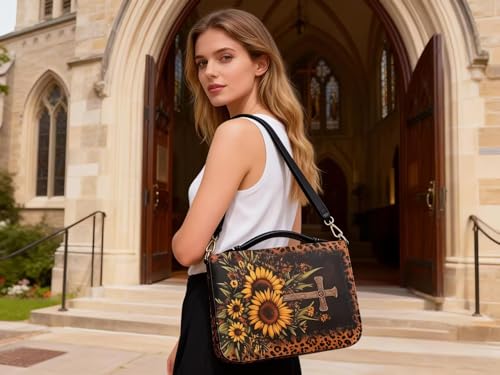 Book Covers Bible Covers for Women Men Large Size Bible Bag Tote - color: A Leopard Cross Sunflowers, size: Medium