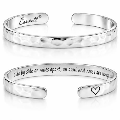 Carviell Bracelets for Women – 100+ Meaningful Engraved Messages – Solid 316L Surgical Stainless Steel Cuff Bracelet – Gift Ready - color: AUNT NIECE Gift - Side by side or miles apart, an aunt and niece are always close at heart.