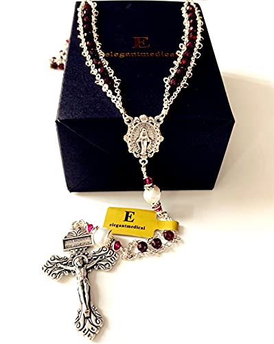 elegantmedical handmade Gold Ladder to Heaven Garnet Beads Catholic Rosary crucifix Necklace box - color: silver
