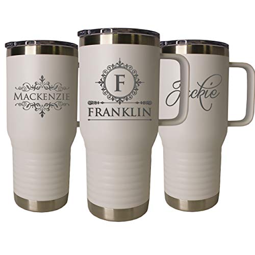 The Wedding Party Store Personalized 20 oz Stainless Steel Powder Coated Vacuum Insulated Double Walled Travel Tumbler Coffee Mug with Handle and Lid (White) - color: White