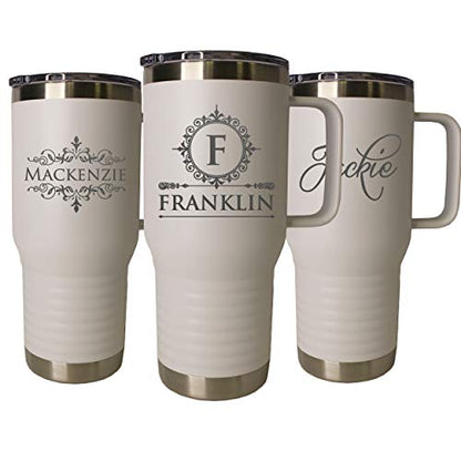 The Wedding Party Store Personalized 20 oz Stainless Steel Powder Coated Vacuum Insulated Double Walled Travel Tumbler Coffee Mug with Handle and Lid (White) - color: White
