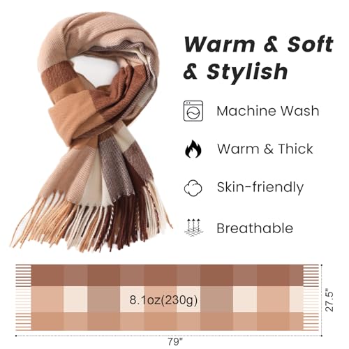 Winter Scarf for Women Plaid Long Oversized blanket Shawl Wraps Gift - color: Camel & Coffee