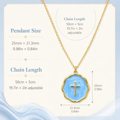 Enamel Cross Necklace for Women 18K Gold Plated Christian Pendant - color: Blue