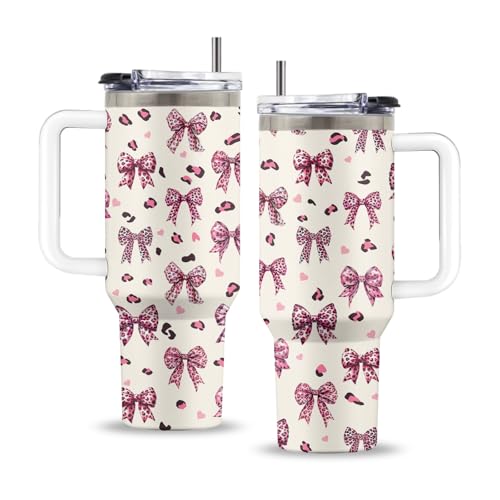 Bow Knot 40oz Tumbler, with Handle & Straw, Stainless Steel Cup - color: Bow Knot
