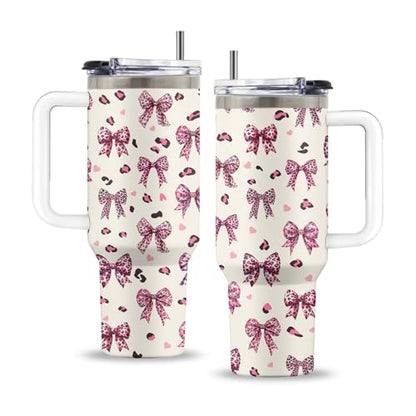 Bow Knot 40oz Tumbler, with Handle & Straw, Stainless Steel Cup - color: Bow Knot