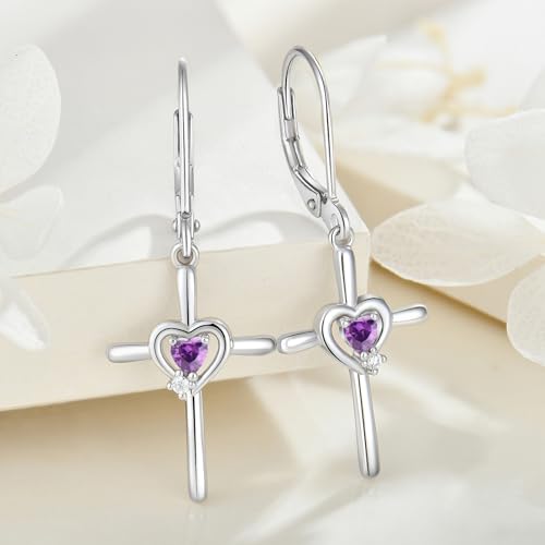 Cross Earrings 925 Sterling Silver Opal Crucifix Dangle Drop Earring Heart Birthstone Religious Jewelry for Women - color: 02-amethyst-Feb