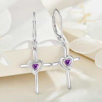 Cross Earrings 925 Sterling Silver Opal Crucifix Dangle Drop Earring Heart Birthstone Religious Jewelry for Women - color: 02-amethyst-Feb