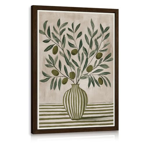 Dynazo Wood Framed Mediterranean Olive Wall Art, Rustic Farmhouse Botanical Wall Decor, Green Olive Branch Poster Print, French Country Kitchen Artwork for Dining Room Living Room 12x16 Inch - color: OliveBranch, size: 16"L x 12"W