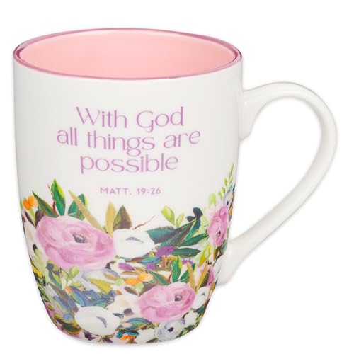 Christian Art Gifts Inspirational Ceramic Coffee & Tea Scripture Mug for Women: All Things are Possible Encouraging Bible Verse, Cute Microwave & Dishwasher Safe Drinkware, White & Pink Floral, 12 oz. - color: White & Pink Floral/All Things are Possible,