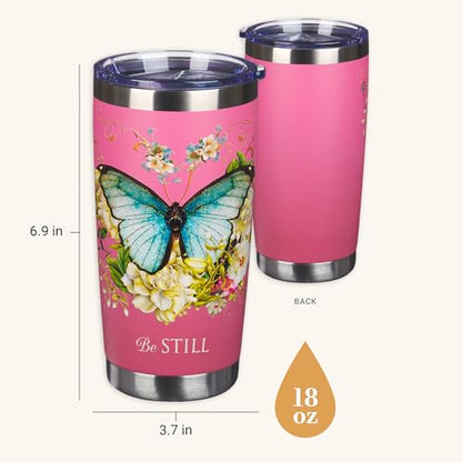 Christian Art Gifts Stainless Steel Vacuum Insulated Travel Mug 18 oz - color: Pink/Be Still
