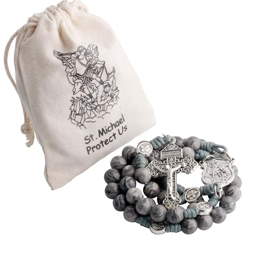HanlinCC Stone Beads St.Michael Paracord Catholic Rosary with Bag for Men - style: Map Stone