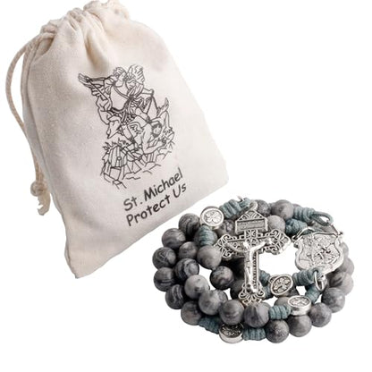 HanlinCC Stone Beads St.Michael Paracord Catholic Rosary with Bag for Men - style: Map Stone