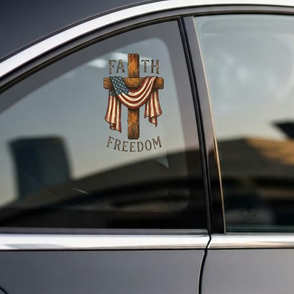 American Flag Cross Christian Patriotic Car Decal - color: Faith Freedom 250 Years
