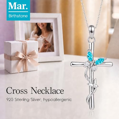 Distance Cross Necklace for Women 925 Sterling Silver Jewelry Pendant Necklace for Mom Wife Gift for Mother's Day or Birthday - style: 03-Aquamarine