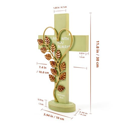 Wooden Cross Wall With Solid Wood Iron Copper Gole Leaf Heart Shaped - color: Green