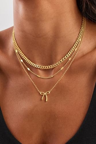Layered Gold Necklace for Women, 14K Gold Plated Necklace Stack Set, Dainty Pendant Necklace Non Tarnish, Fashion Bow CZ Circle Star Hammered Cross Jewelry Gift for Women - color: Gold-06