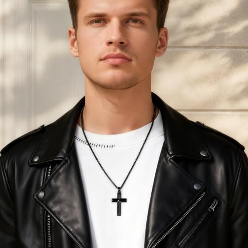 Stainless Steel Cross Necklace for Men with Adjustable Box Chain Christian Cross neckalce Gift - color: Black