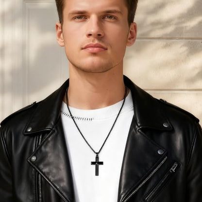 Stainless Steel Cross Necklace for Men with Adjustable Box Chain Christian Cross neckalce Gift - color: Black