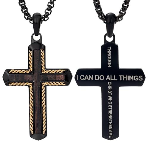 Wooden Cross Necklace for Men With Stainless steel And Black Ebony Adjustable Box Chain 24–26 inches Suitable for Everyday Wear And Christian Gifts for Men - color: Black-H