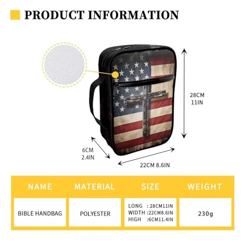 Suobstales American Flag Cross Print Bible Cover Bible Case for Women Men Lightweight Carrying Book Cover Church Bag Bible Protective Bag with Handle and Zippered Pocket - color: American Flag Cross 2