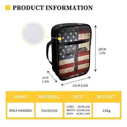 Suobstales American Flag Cross Print Bible Cover Bible Case for Women Men Lightweight Carrying Book Cover Church Bag Bible Protective Bag with Handle and Zippered Pocket - color: American Flag Cross 2