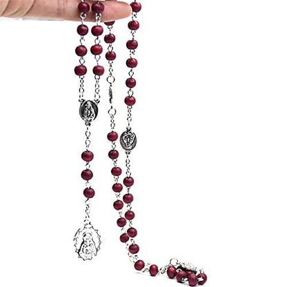 Handmade Wooden Resin Crucifix Rosary Beads Chain Pendant Necklace Colorful Love Heart Catholic Cross Virgin Mary Jesus Necklace for Women Men Religious Lord Praying Jewelry Gift - color: C red
