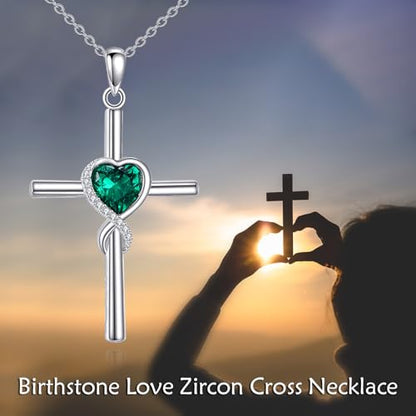 S925 Sterling Silver Cross Necklace for Women Birthstone Necklace Heart Infinity Cross Pendant Necklace Christmas Valentines Day Gifts Birthday Holiday Gifts for Her, 18"+2" Inches - color: 05-May Birthstone - Emerald