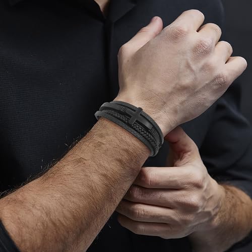 Leather Cross Bracelet Braided Faith Bangle for Men, 8.3 &9.1 Inch - color: 01.Black, size: 8.3in(Fits most wrists)