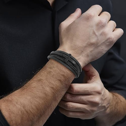 Leather Cross Bracelet Braided Faith Bangle for Men, 8.3 &9.1 Inch - color: 01.Black, size: 8.3in(Fits most wrists)