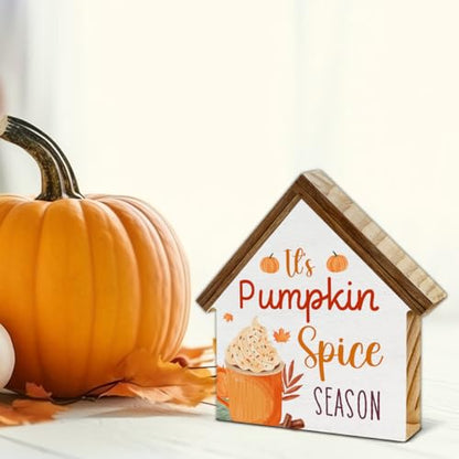 Fall Home Decor, It's Pumpkin Spice Season House Shaped Wood Block Sign - color: Pumpkin