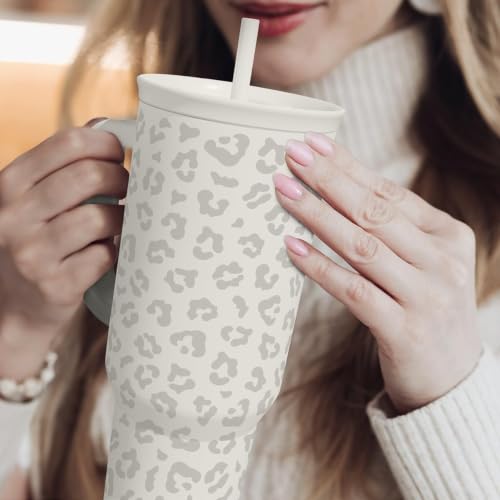 SANDJEST Leopard Tumbler with Handle, Insulated Cup Stainless Steel Travel Mug Cup, Gifts for Women Girl on Birthday Christmas, Cream Leopard, 40oz - color: Cream Leopard