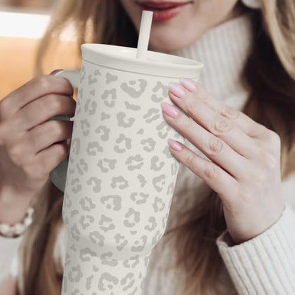 SANDJEST Leopard Tumbler with Handle, Insulated Cup Stainless Steel Travel Mug Cup, Gifts for Women Girl on Birthday Christmas, Cream Leopard, 40oz - color: Cream Leopard
