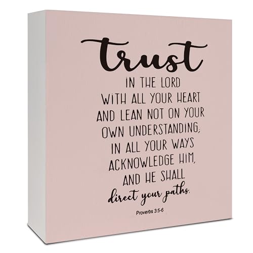 Christian Desk Decor, Proverbs 3:5-6 Trust in the Lord with All Your Heart Wooden Box Sign, Inspirational Christian Bible Verse Wood Signs for Home Office Desk Shelf Table Decor, 5x5 Inch - color: Proverbs 3:5-6