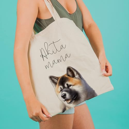 Dog Mom Canvas Tote Bag for Women, Reusable Cotton Shoulder Bag, Dog Lover Gift, Mother’s Day Pet Mom Shopping Tote - color: Akita