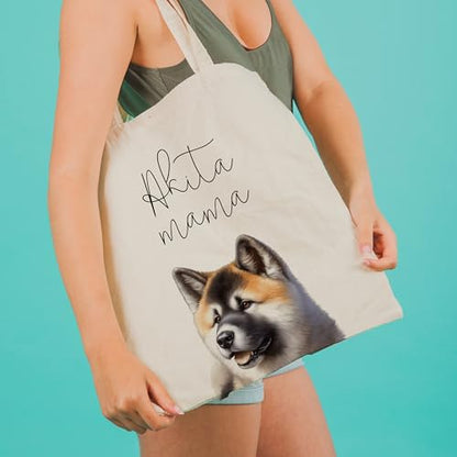 Dog Mom Canvas Tote Bag for Women, Reusable Cotton Shoulder Bag, Dog Lover Gift, Mother’s Day Pet Mom Shopping Tote - color: Akita