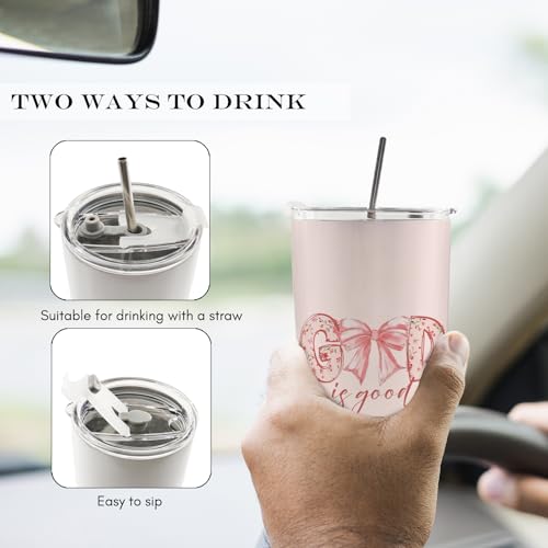 Christian God is Good Pink Bow Cross 20oz Travel Coffee Mug Tumbler, Christian Easter Tumbler Gifts for Women Kids, Preppy Stuff, Pink Preppy Water Stainless Steel Tumbler with Lid and Straw - color: bow