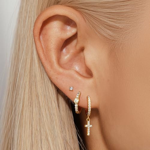 Angelady Gold Hoop Earrings Set for Women, Dainty 14K Gold Plated Flower Moon Cross Dangle Earrings, Hypoallergenic Huggie Hoop Earring Stacks, Stud Earrings for Women Trendy Jewelry Gift - color: Gold,Cross Earrings