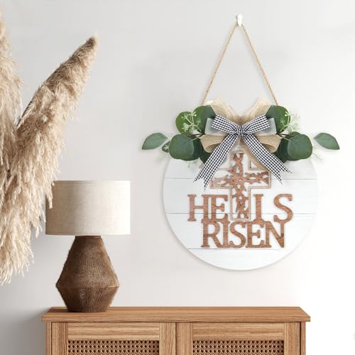 TOARTi He is Risen Easter Front Door Sign Wreath (11.4"x11.4"), Rustic Christian Cross Wall Sign Hanging Plaque, Farmhouse Religious Home Wooden Door Decoration for Housewarming Easter Gift