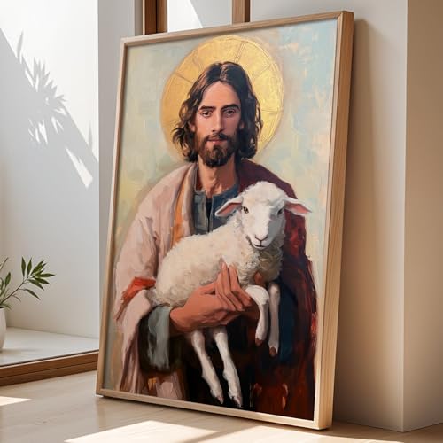 Jesus Holding Sheeps Canvas Wall Art Good Shepherd Poster Jesus And Lamb Print Christian Easter Pictures Abstract Christ Artwork Picture Of Christ Portraits The Sheep Painting 16x24in No Frame - color: A3Unframed
