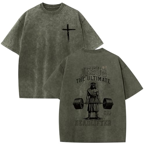 Mens Oversized Christian Shirts Jesus Faith Shirt Funny Gym Graphic Tees God Religious Bible Verse Acid Wash Tshirts - color: Army Green, size: Large