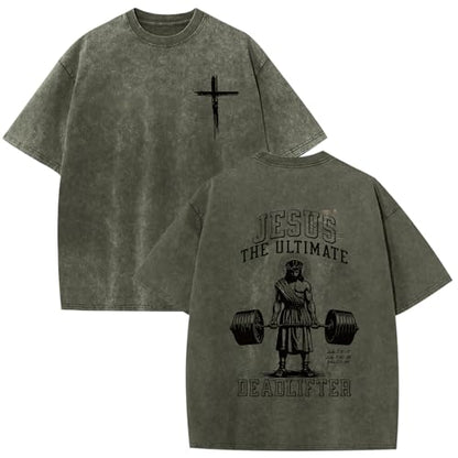 Mens Oversized Christian Shirts Jesus Faith Shirt Funny Gym Graphic Tees God Religious Bible Verse Acid Wash Tshirts - color: Army Green, size: 3X-Large